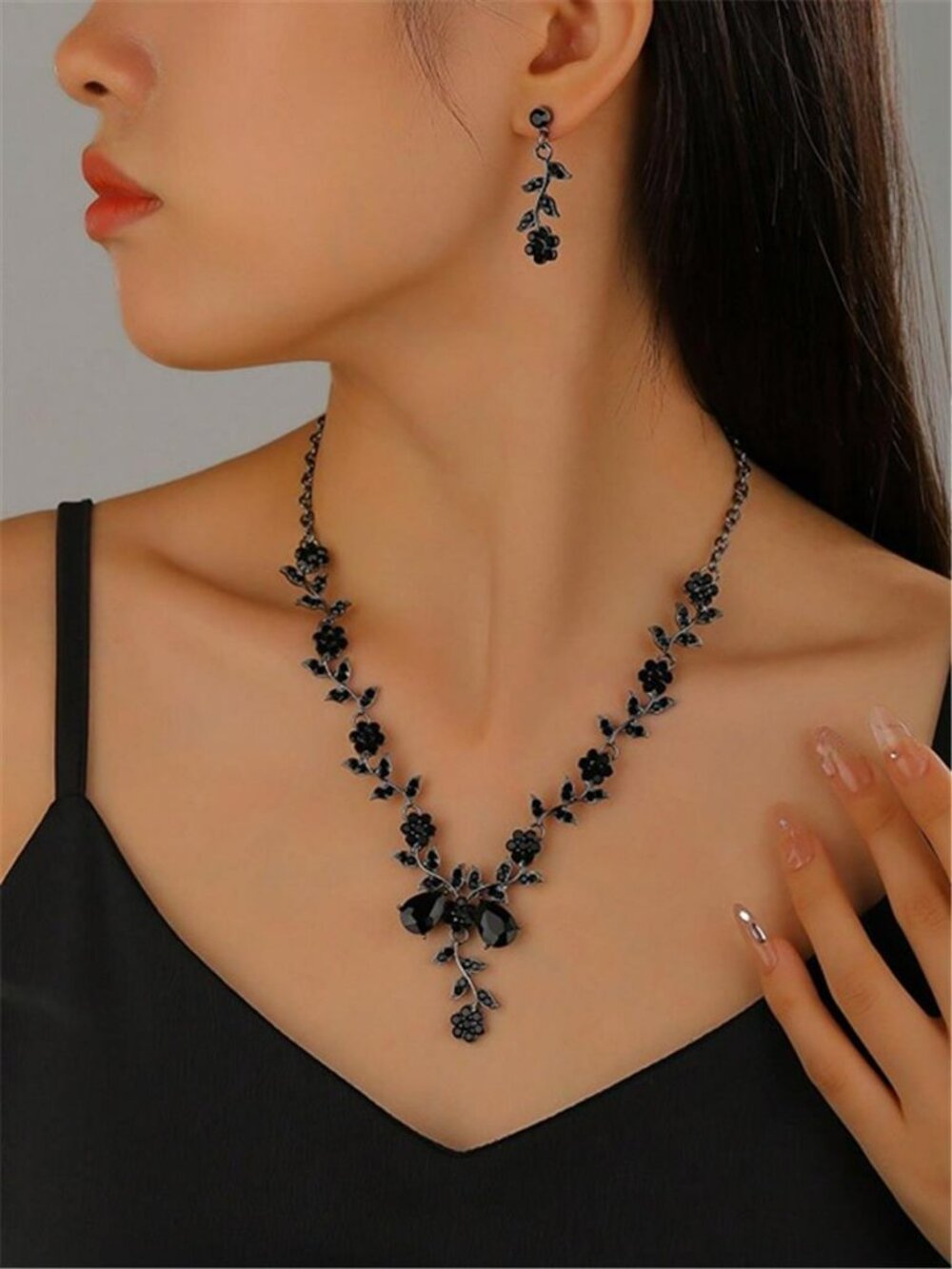 Black Rhinestone Neckalce Set Statement Bridal Earrings Dangle Halloween Jewelry - Picture 2 of 6